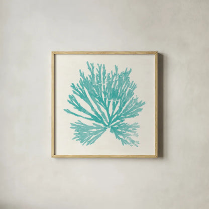 Pacific Sea Mosses II Aqua by Wild Apple Portfolio. Shown in a natural wood glass frame for a timeless modern aesthetic. Available as an archival giclee rolled canvas, fine art paper, or poster print. SKU 55909a.