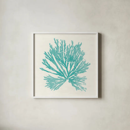 Pacific Sea Mosses II Aqua by Wild Apple Portfolio. Shown in a crisp white glass frame for a clean and minimalist style. Available as an archival giclee rolled canvas, fine art paper, or poster print. SKU 55909a.