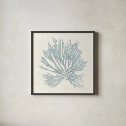 Pacific Sea Mosses II Blue by Wild Apple Portfolio. Shown in a sleek black glass frame for a contemporary gallery look. Available as an archival giclee rolled canvas, fine art paper, or poster print. SKU 87174a.