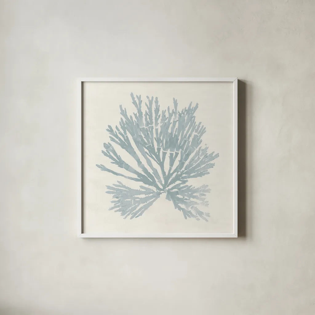 Pacific Sea Mosses II Blue by Wild Apple Portfolio. Shown in a crisp white glass frame for a clean and minimalist style. Available as an archival giclee rolled canvas, fine art paper, or poster print. SKU 87174a.