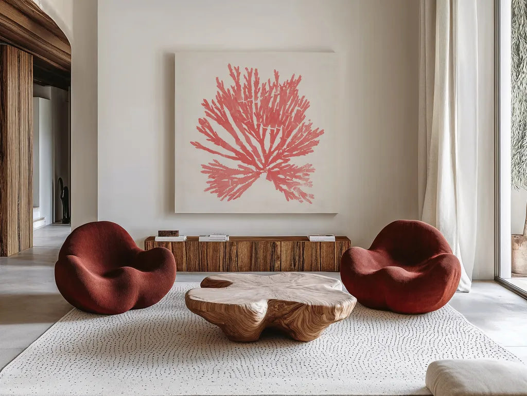 Pacific Sea Mosses II Coral by Wild Apple Portfolio. Shown as extra-large giant wall art in a modern living room. Available as an archival giclee rolled canvas, fine art paper, or poster print. SKU 55905a.