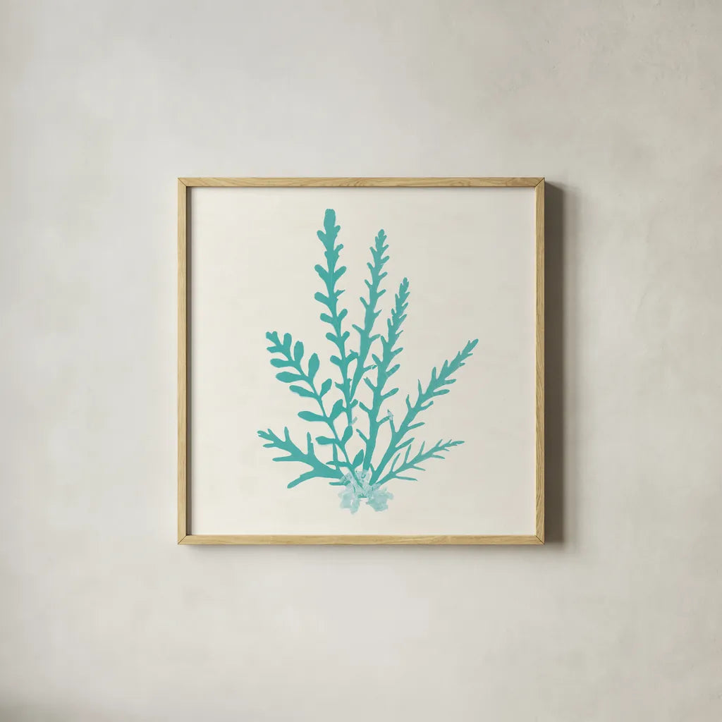 Pacific Sea Mosses III Aqua by Wild Apple Portfolio. Shown in a natural wood glass frame for a timeless modern aesthetic. Available as an archival giclee rolled canvas, fine art paper, or poster print. SKU 55910a.