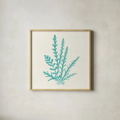 Pacific Sea Mosses III Aqua by Wild Apple Portfolio. Shown in a natural wood glass frame for a timeless modern aesthetic. Available as an archival giclee rolled canvas, fine art paper, or poster print. SKU 55910a.
