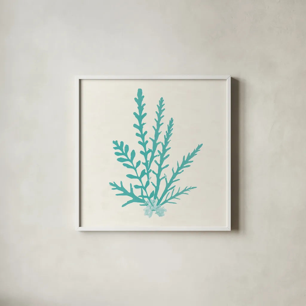 Pacific Sea Mosses III Aqua by Wild Apple Portfolio. Shown in a crisp white glass frame for a clean and minimalist style. Available as an archival giclee rolled canvas, fine art paper, or poster print. SKU 55910a.