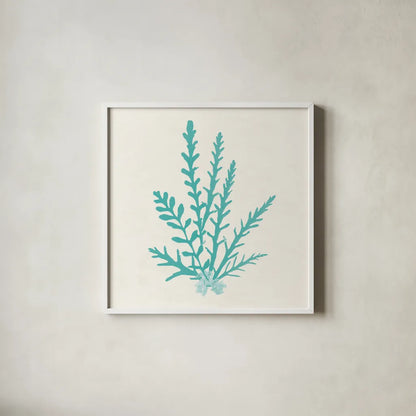 Pacific Sea Mosses III Aqua by Wild Apple Portfolio. Shown in a crisp white glass frame for a clean and minimalist style. Available as an archival giclee rolled canvas, fine art paper, or poster print. SKU 55910a.