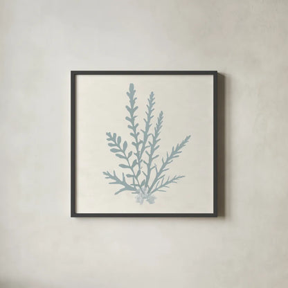 Pacific Sea Mosses III Blue by Wild Apple Portfolio. Shown in a sleek black glass frame for a contemporary gallery look. Available as an archival giclee rolled canvas, fine art paper, or poster print. SKU 87175a.