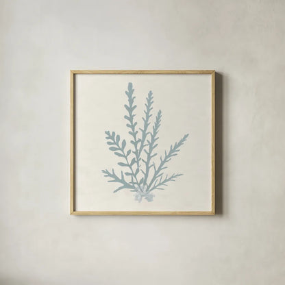 Pacific Sea Mosses III Blue by Wild Apple Portfolio. Shown in a natural wood glass frame for a timeless modern aesthetic. Available as an archival giclee rolled canvas, fine art paper, or poster print. SKU 87175a.