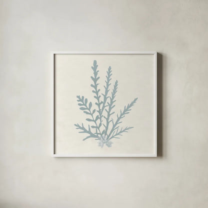 Pacific Sea Mosses III Blue by Wild Apple Portfolio. Shown in a crisp white glass frame for a clean and minimalist style. Available as an archival giclee rolled canvas, fine art paper, or poster print. SKU 87175a.