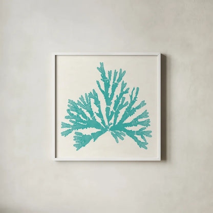 Pacific Sea Mosses IV Aqua by Wild Apple Portfolio. Shown in a crisp white glass frame for a clean and minimalist style. Available as an archival giclee rolled canvas, fine art paper, or poster print. SKU 55911a.