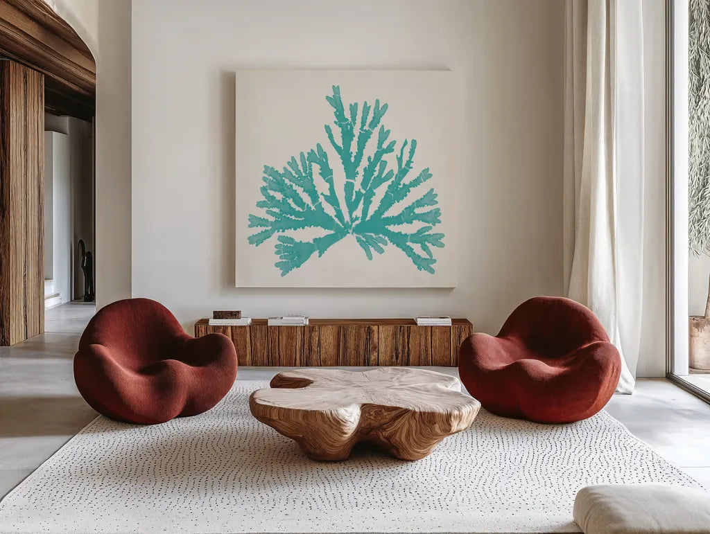 Pacific Sea Mosses IV Aqua by Wild Apple Portfolio. Shown as extra-large giant wall art in a modern living room. Available as an archival giclee rolled canvas, fine art paper, or poster print. SKU 55911a.