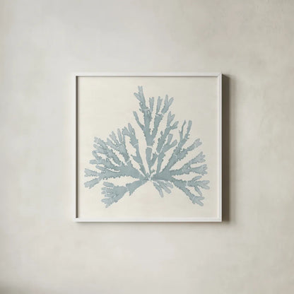 Pacific Sea Mosses IV Blue by Wild Apple Portfolio. Shown in a crisp white glass frame for a clean and minimalist style. Available as an archival giclee rolled canvas, fine art paper, or poster print. SKU 87176a.