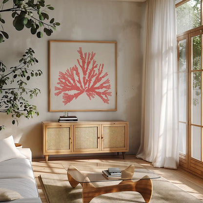 Pacific Sea Mosses IV Coral by Wild Apple Portfolio. Shown in a natural wood frame in a cozy modern living room. Available as an archival giclee rolled canvas, fine art paper, or poster print. SKU 55907a.