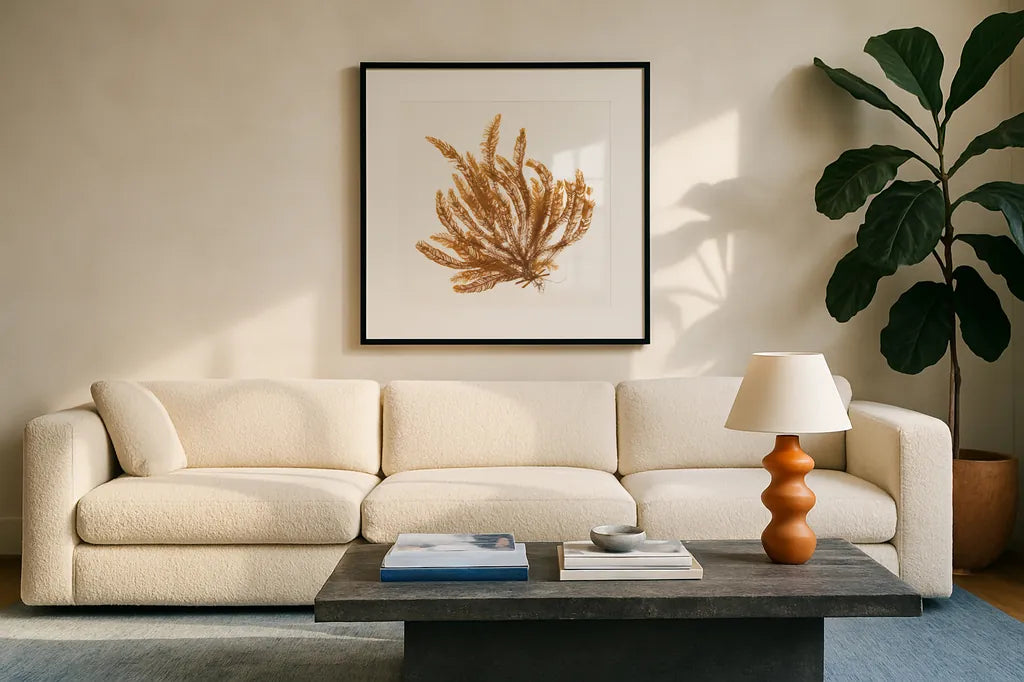 Pacific Sea Mosses VII White Sq by Wild Apple Portfolio. Displayed in a glass frame with matte in a clean modern living room. Available as an archival giclee rolled canvas, fine art paper, or poster print. SKU 51610a.
