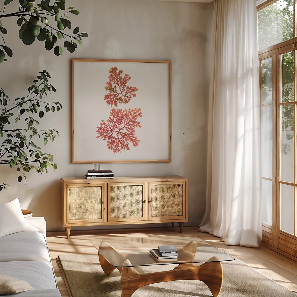 Pacific Sea Mosses VIII White Sq by Wild Apple Portfolio. Shown in a natural wood frame in a cozy modern living room. Available as an archival giclee rolled canvas, fine art paper, or poster print. SKU 51611a.