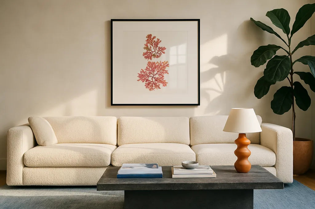Pacific Sea Mosses VIII White Sq by Wild Apple Portfolio. Displayed in a glass frame with matte in a clean modern living room. Available as an archival giclee rolled canvas, fine art paper, or poster print. SKU 51611a.