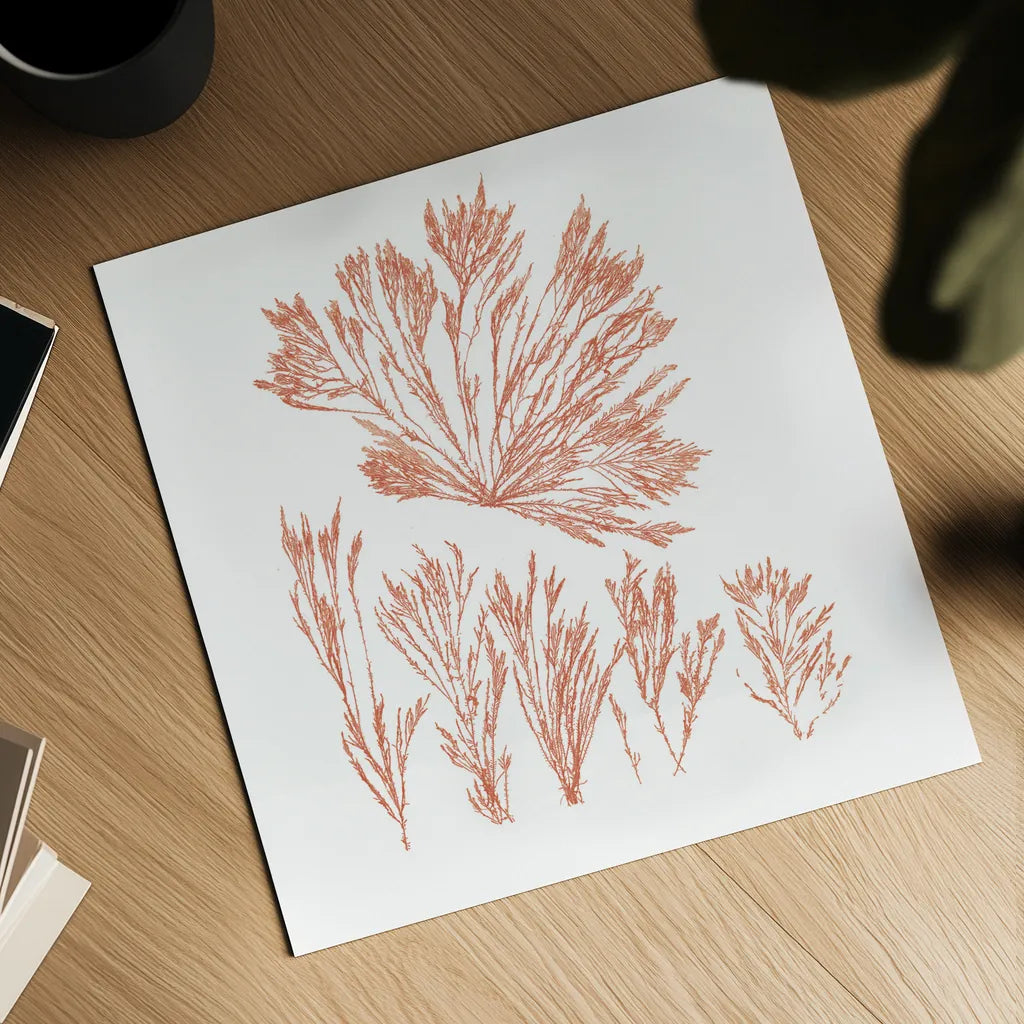 Pacific Sea Mosses XXI Red Sq by Wild Apple Portfolio. Shown as a detailed flat fine art print, highlighting archival giclee quality. Available as an archival giclee rolled canvas, fine art paper, or poster print. SKU 53852a.