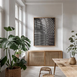Palm Detail I BW by Wild Apple Portfolio. shown as a print in a natural wood frame in a dining room. Available as a archival giclee rolled canvas, fine art paper, or poster print. SKU 56304h.