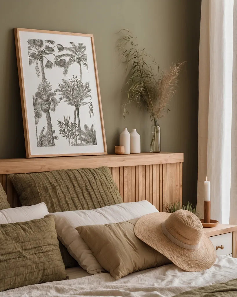 Palm Oasis II by Wild Apple Portfolio. shown as a paper print in a natural frame. Available as a archival giclee rolled canvas, fine art paper, or poster print. SKU 59892h.