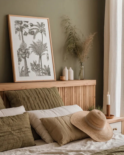 Palm Oasis II by Wild Apple Portfolio. shown as a paper print in a natural frame. Available as a archival giclee rolled canvas, fine art paper, or poster print. SKU 59892h.