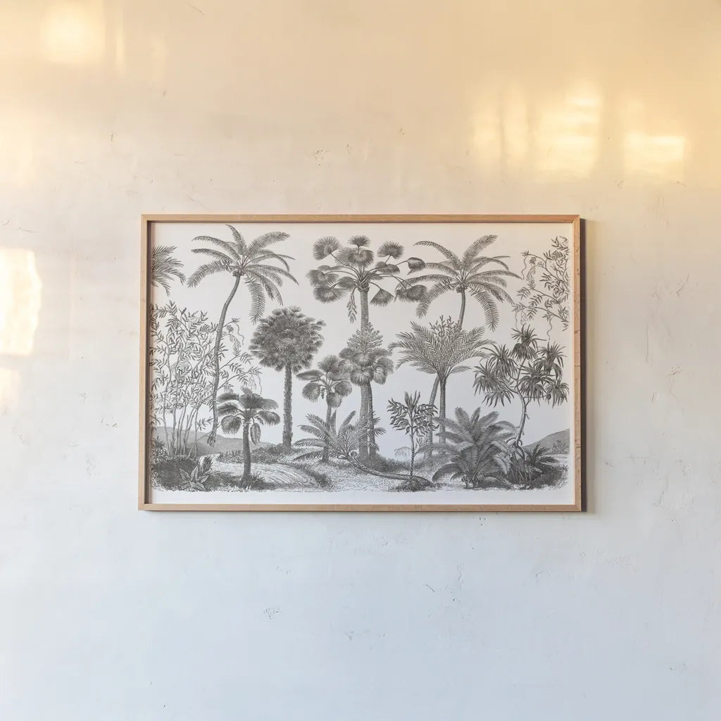Palm Oasis III by Wild Apple Portfolio. shown as a paper print in a natural frame. Available as a archival giclee rolled canvas, fine art paper, or poster print. SKU 77946i.
