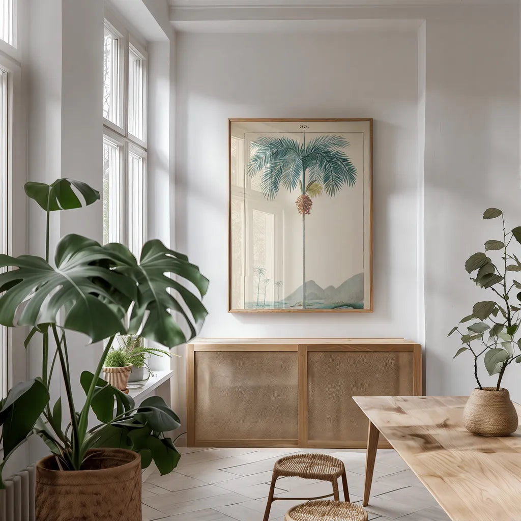 Palm Tree by Wild Apple Portfolio. shown as a print in a natural wood frame in a dining room. Available as a archival giclee rolled canvas, fine art paper, or poster print. SKU 88449h.