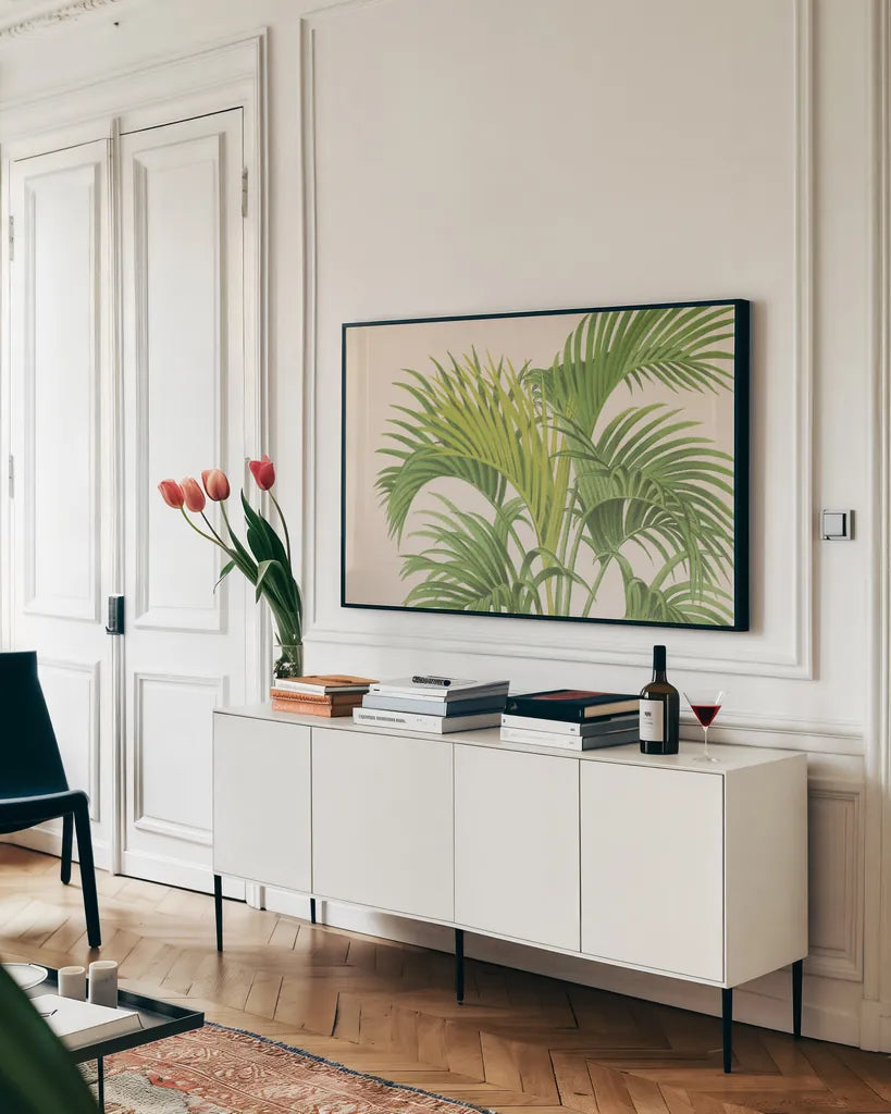 Palmier PL IX Crop by Wild Apple Portfolio. shown as a framed stretched canvas in a living room above a console. Available as a archival giclee rolled canvas, fine art paper, or poster print. SKU 25318i.