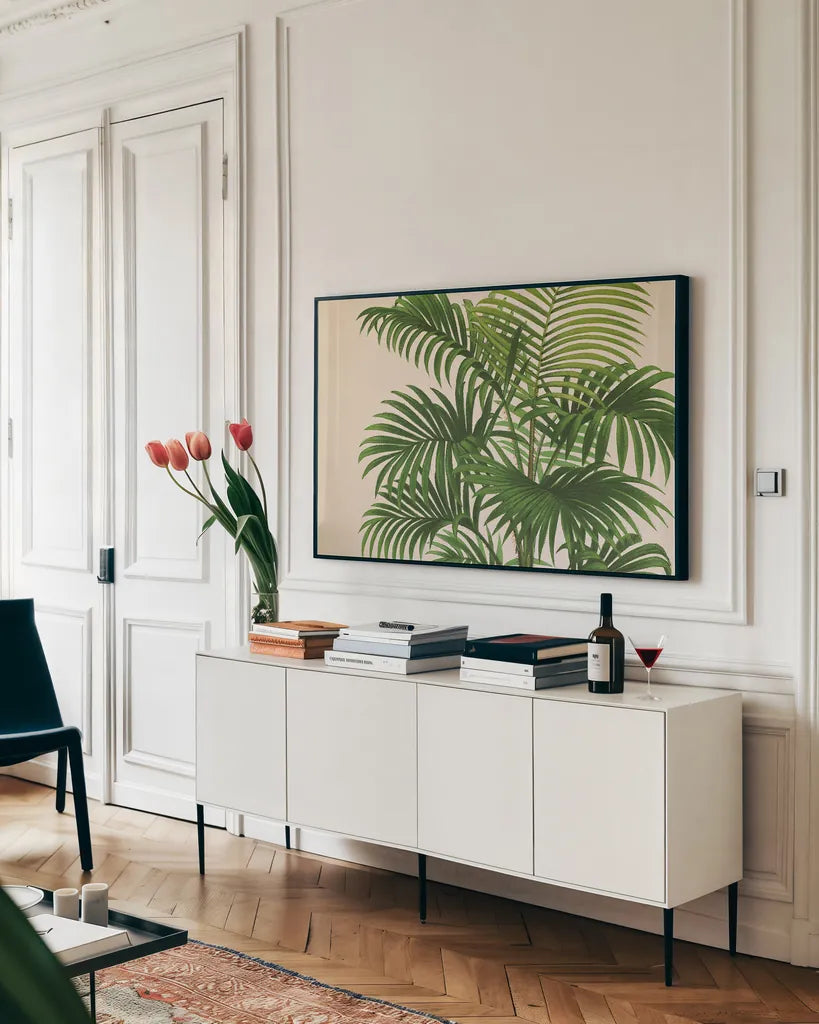 Palmier PL X Crop by Wild Apple Portfolio. shown as a framed stretched canvas in a living room above a console. Available as a archival giclee rolled canvas, fine art paper, or poster print. SKU 25319i.