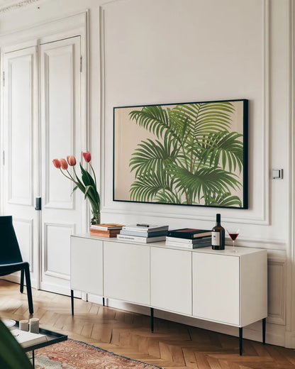 Palmier PL X Crop by Wild Apple Portfolio. shown as a framed stretched canvas in a living room above a console. Available as a archival giclee rolled canvas, fine art paper, or poster print. SKU 25319i.