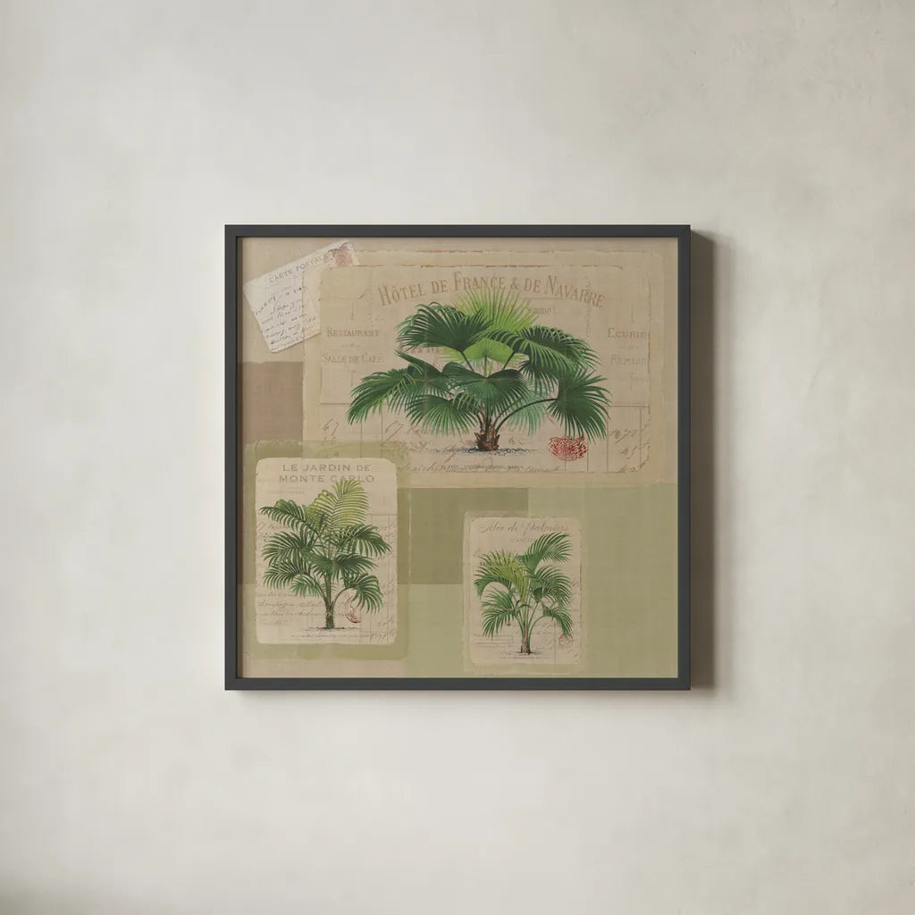 Palmiers Pattern VIII by Wild Apple Portfolio. Shown in a sleek black glass frame for a contemporary gallery look. Available as an archival giclee rolled canvas, fine art paper, or poster print. SKU 94766a.