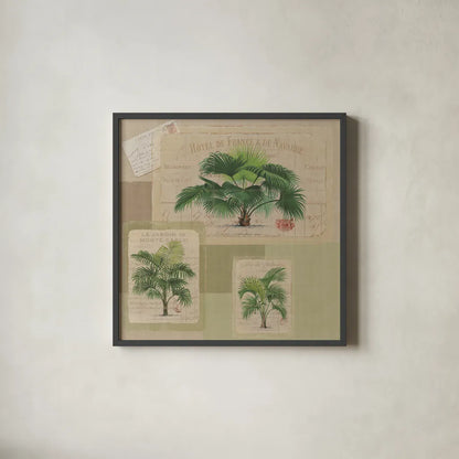 Palmiers Pattern VIII by Wild Apple Portfolio. Shown in a sleek black glass frame for a contemporary gallery look. Available as an archival giclee rolled canvas, fine art paper, or poster print. SKU 94766a.