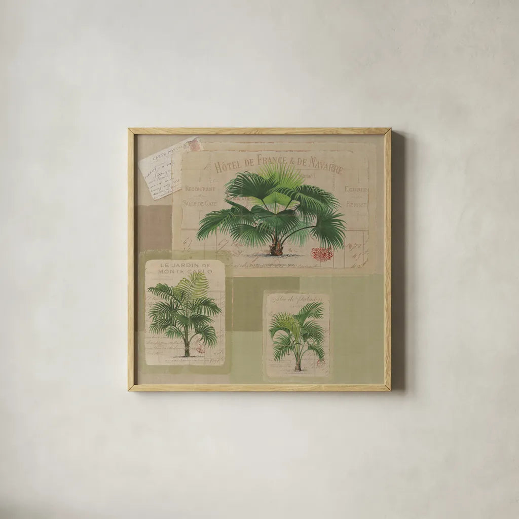 Palmiers Pattern VIII by Wild Apple Portfolio. Shown in a natural wood glass frame for a timeless modern aesthetic. Available as an archival giclee rolled canvas, fine art paper, or poster print. SKU 94766a.