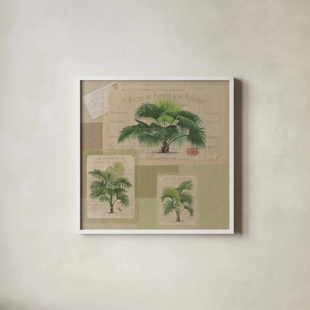 Palmiers Pattern VIII by Wild Apple Portfolio. Shown in a crisp white glass frame for a clean and minimalist style. Available as an archival giclee rolled canvas, fine art paper, or poster print. SKU 94766a.