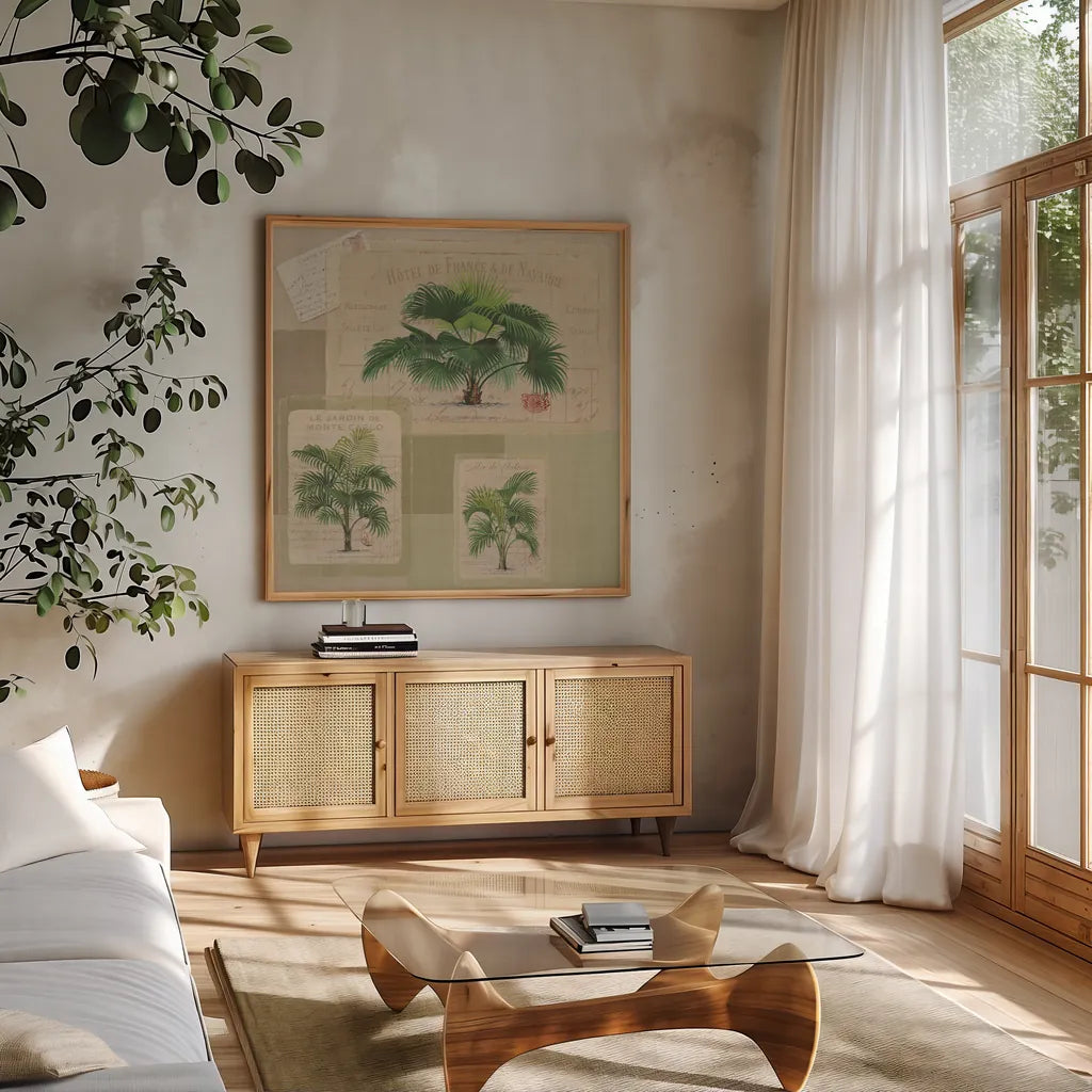 Palmiers Pattern VIII by Wild Apple Portfolio. Shown in a natural wood frame in a cozy modern living room. Available as an archival giclee rolled canvas, fine art paper, or poster print. SKU 94766a.