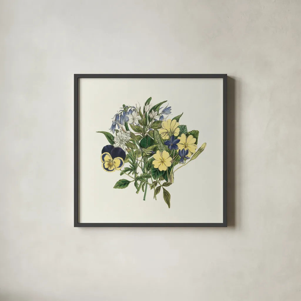 Pansy Party I by Wild Apple Portfolio. Shown in a sleek black glass frame for a contemporary gallery look. Available as an archival giclee rolled canvas, fine art paper, or poster print. SKU 84747a.