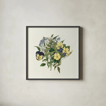 Pansy Party I by Wild Apple Portfolio. Shown in a sleek black glass frame for a contemporary gallery look. Available as an archival giclee rolled canvas, fine art paper, or poster print. SKU 84747a.
