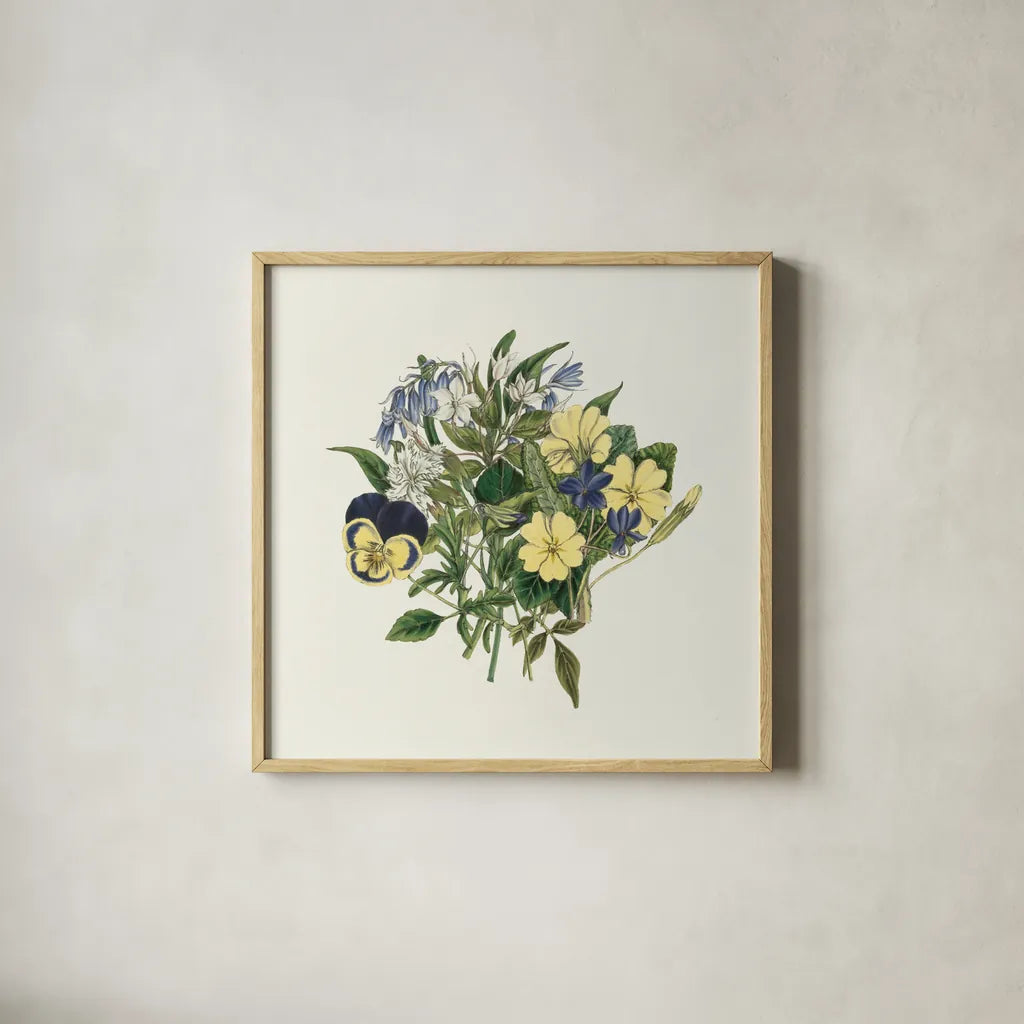 Pansy Party I by Wild Apple Portfolio. Shown in a natural wood glass frame for a timeless modern aesthetic. Available as an archival giclee rolled canvas, fine art paper, or poster print. SKU 84747a.