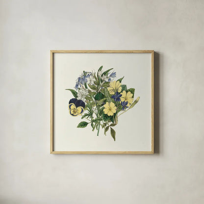 Pansy Party I by Wild Apple Portfolio. Shown in a natural wood glass frame for a timeless modern aesthetic. Available as an archival giclee rolled canvas, fine art paper, or poster print. SKU 84747a.