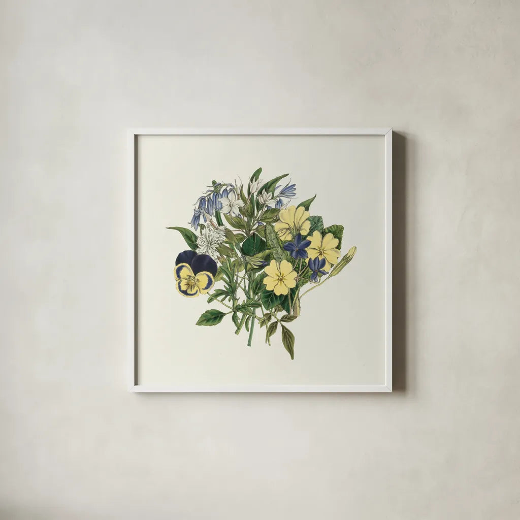 Pansy Party I by Wild Apple Portfolio. Shown in a crisp white glass frame for a clean and minimalist style. Available as an archival giclee rolled canvas, fine art paper, or poster print. SKU 84747a.