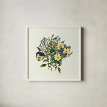 Pansy Party I by Wild Apple Portfolio. Shown in a crisp white glass frame for a clean and minimalist style. Available as an archival giclee rolled canvas, fine art paper, or poster print. SKU 84747a.