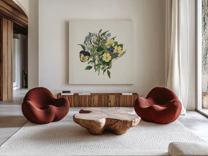 Pansy Party I by Wild Apple Portfolio. Shown as extra-large giant wall art in a modern living room. Available as an archival giclee rolled canvas, fine art paper, or poster print. SKU 84747a.