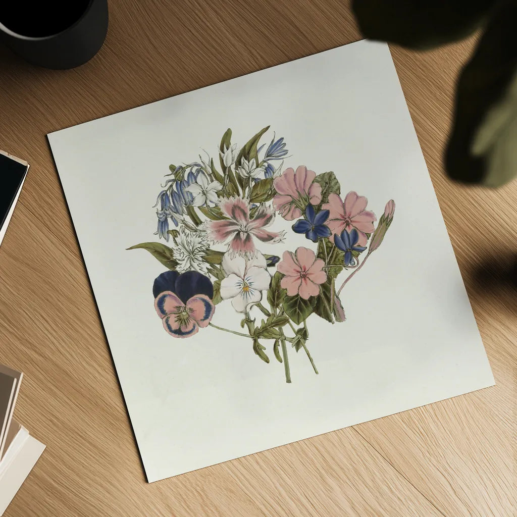 Pansy Party I Honeybloom by Wild Apple Portfolio. Shown as a detailed flat fine art print, highlighting archival giclee quality. Available as an archival giclee rolled canvas, fine art paper, or poster print. SKU 90828a.