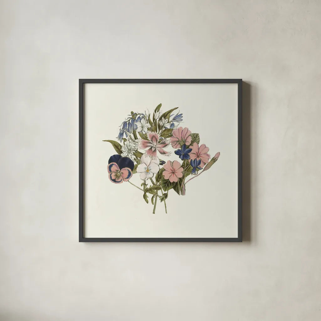 Pansy Party I Honeybloom by Wild Apple Portfolio. Shown in a sleek black glass frame for a contemporary gallery look. Available as an archival giclee rolled canvas, fine art paper, or poster print. SKU 90828a.
