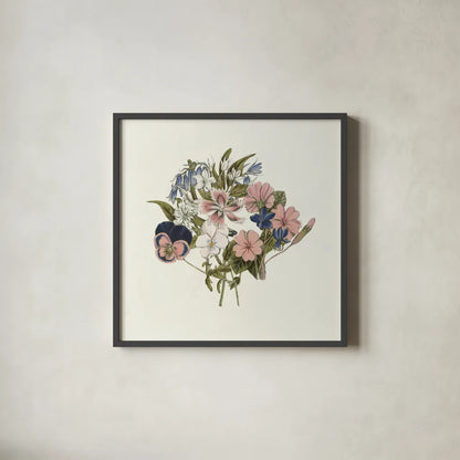 Pansy Party I Honeybloom by Wild Apple Portfolio. Shown in a sleek black glass frame for a contemporary gallery look. Available as an archival giclee rolled canvas, fine art paper, or poster print. SKU 90828a.