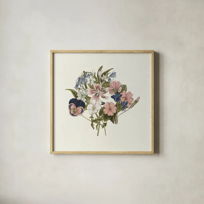 Pansy Party I Honeybloom by Wild Apple Portfolio. Shown in a natural wood glass frame for a timeless modern aesthetic. Available as an archival giclee rolled canvas, fine art paper, or poster print. SKU 90828a.