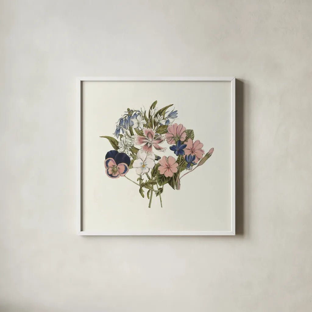 Pansy Party I Honeybloom by Wild Apple Portfolio. Shown in a crisp white glass frame for a clean and minimalist style. Available as an archival giclee rolled canvas, fine art paper, or poster print. SKU 90828a.