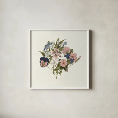 Pansy Party I Honeybloom by Wild Apple Portfolio. Shown in a crisp white glass frame for a clean and minimalist style. Available as an archival giclee rolled canvas, fine art paper, or poster print. SKU 90828a.