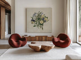 Pansy Party I Textured by Wild Apple Portfolio. Shown as extra-large giant wall art in a modern living room. Available as an archival giclee rolled canvas, fine art paper, or poster print. SKU 88634a.