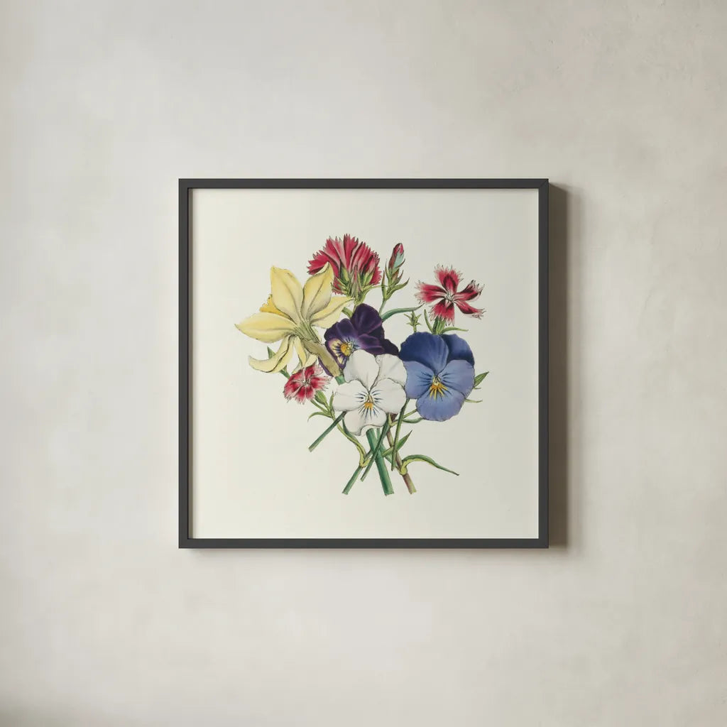 Pansy Party II by Wild Apple Portfolio. Shown in a sleek black glass frame for a contemporary gallery look. Available as an archival giclee rolled canvas, fine art paper, or poster print. SKU 84748a.