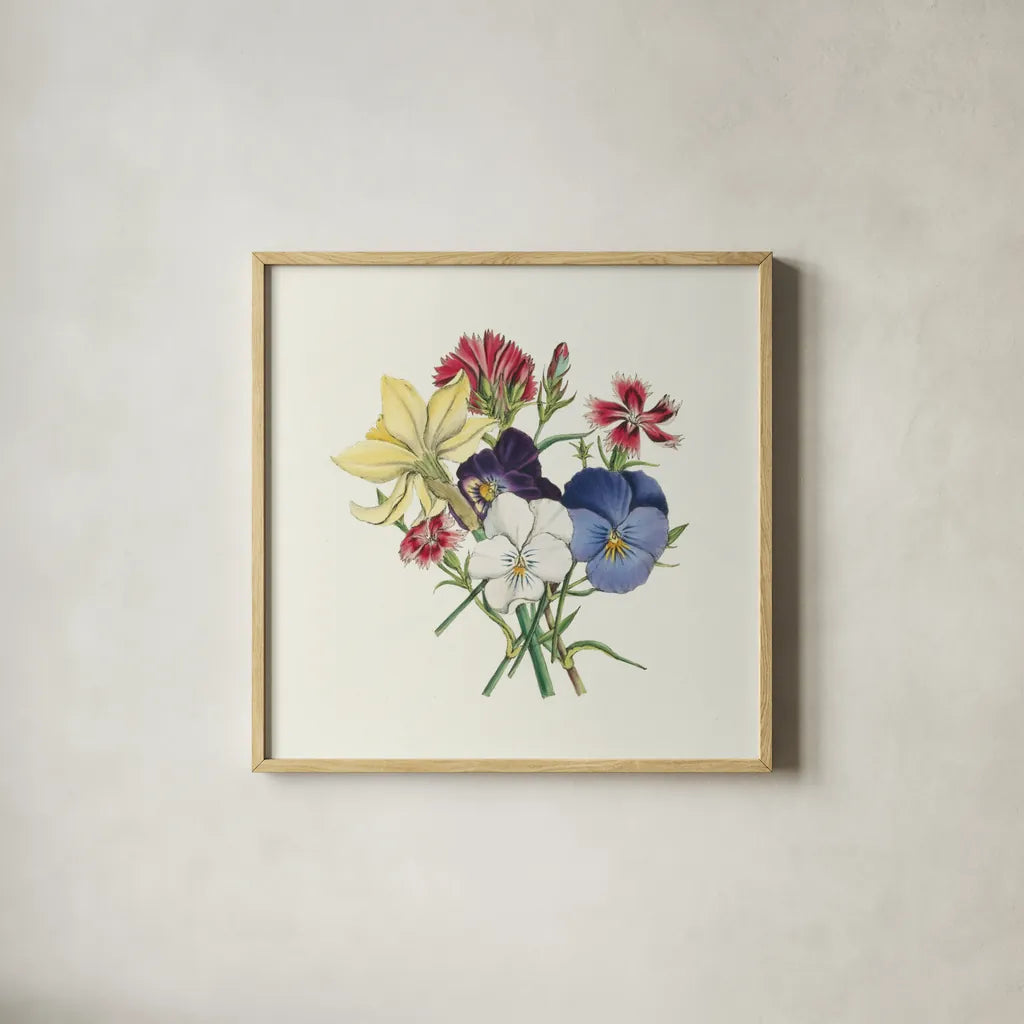 Pansy Party II by Wild Apple Portfolio. Shown in a natural wood glass frame for a timeless modern aesthetic. Available as an archival giclee rolled canvas, fine art paper, or poster print. SKU 84748a.