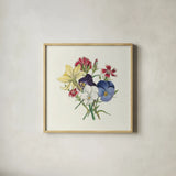 Pansy Party II by Wild Apple Portfolio. Shown in a natural wood glass frame for a timeless modern aesthetic. Available as an archival giclee rolled canvas, fine art paper, or poster print. SKU 84748a.